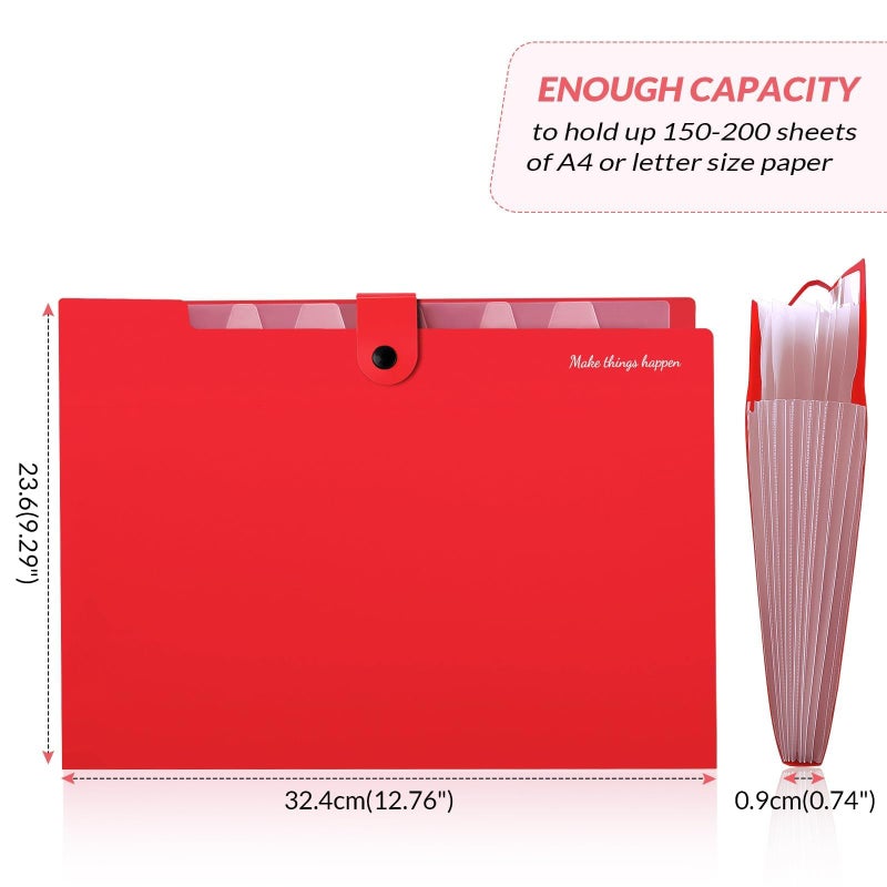 SKYDUE 8 Pockets Expanding File Organizer, Expandable File Folders with Pockets, Portable Document Paper Organizer, A4 Letter Size Filing Folder, Snap Closure, Red - Image 3