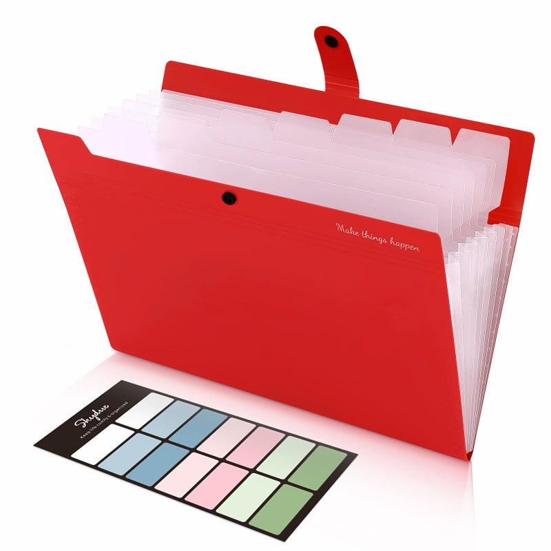 SKYDUE 8 Pockets Expanding File Organizer, Expandable File Folders with Pockets, Portable Document Paper Organizer, A4 Letter Size Filing Folder, Snap Closure, Red - Image 1