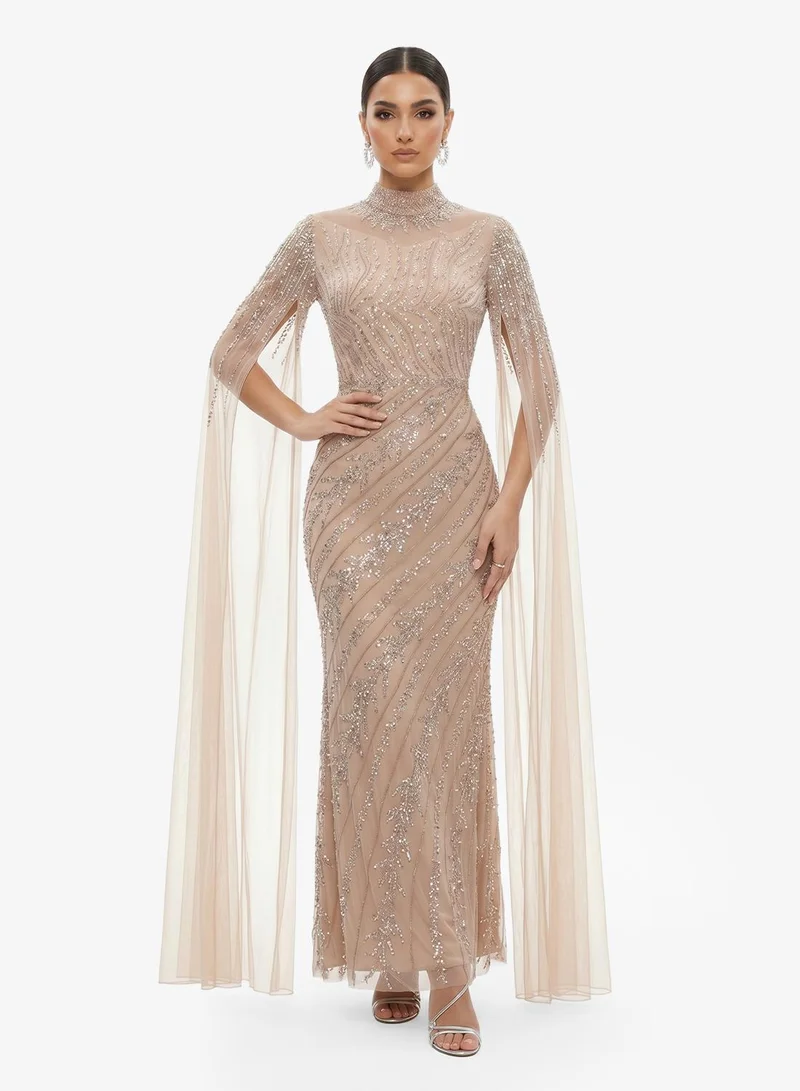 Namshi x Bead Embellished Evening Gown with Cape Sleeves
