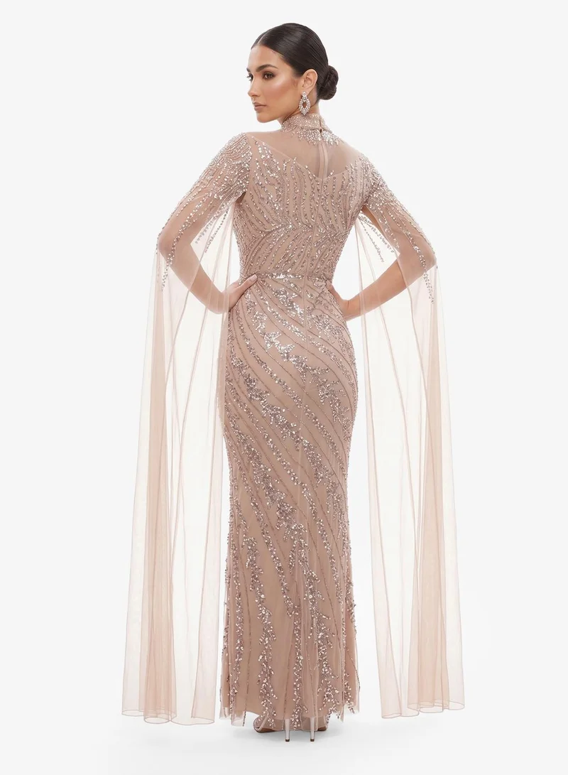 Namshi x Bead Embellished Evening Gown with Cape Sleeves