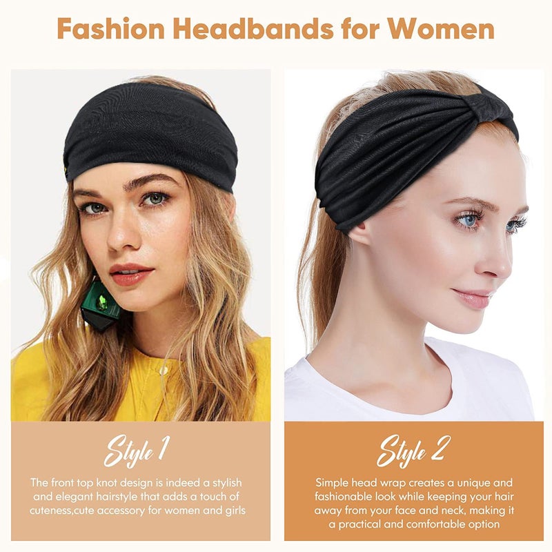 Yeshan Black Wide Headbands for Women Turban Knotted Headband for Lady Boho Thick Head Wraps Hairbands Large African Sport Yoga Head bands,Pack of 6 - Image 5