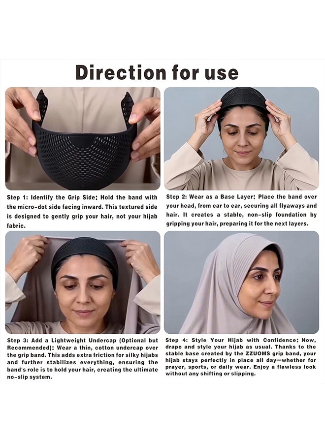 رباط رأس حجاب مقاوم للانزلاق قطعة واحدة، شريط تثبيت شعر مطاطي مع نقاط دقيقة لترويض الشعر المتطاير للنساء، للصلاة اليومية، وشال رياضي، طبقة أساسية، أسود - Image 2