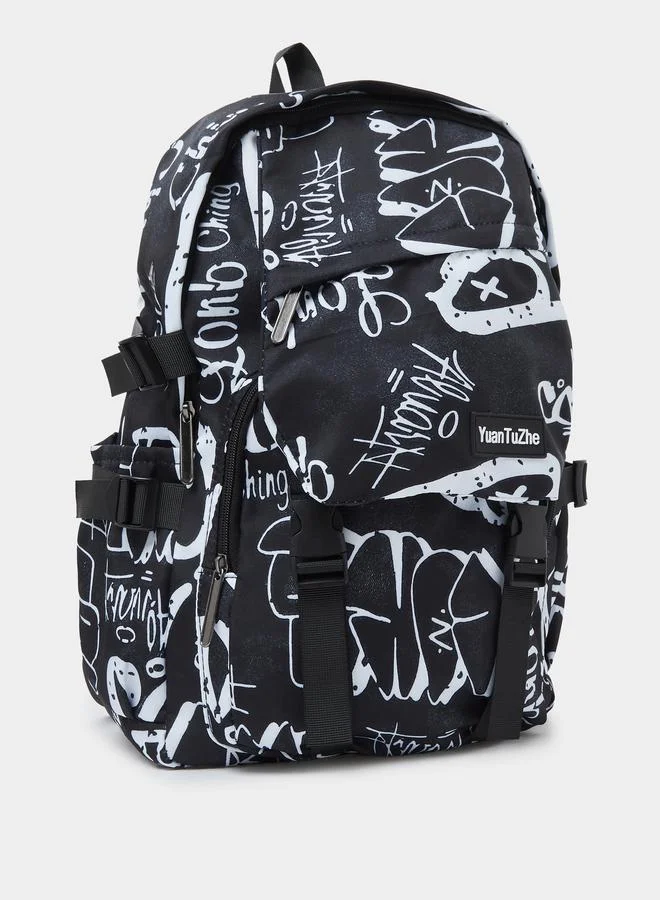 Styli Teen Boys Black Graphic Print Backpack