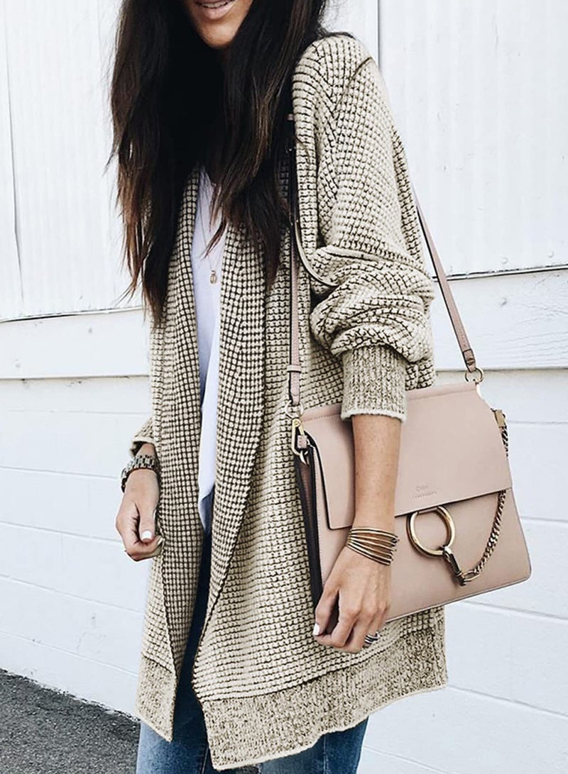 Sidefeel Sweaters for Women Long Sleeve Open Front Chunky Knit Fall Outfits Trendy Checkered Oversized Cardigan Sweaters Winter Coats Apricot Large - Image 2