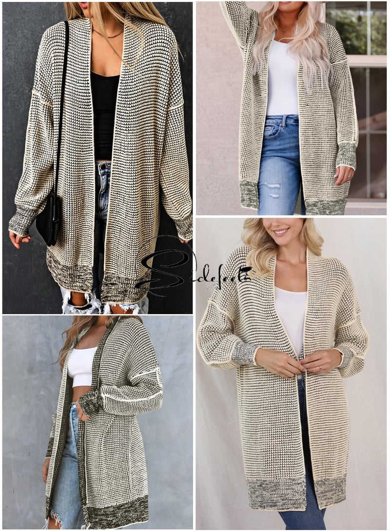 Sidefeel Sweaters for Women Long Sleeve Open Front Chunky Knit Fall Outfits Trendy Checkered Oversized Cardigan Sweaters Winter Coats Apricot Large - Image 5