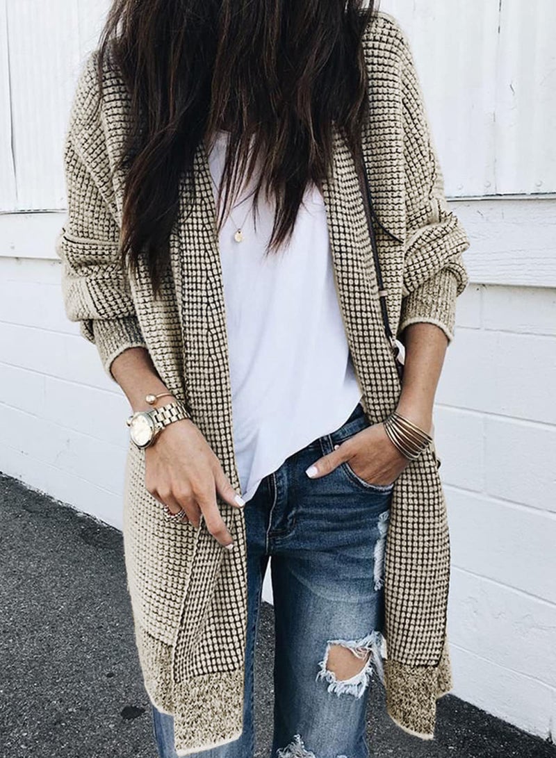 Sidefeel Sweaters for Women Long Sleeve Open Front Chunky Knit Fall Outfits Trendy Checkered Oversized Cardigan Sweaters Winter Coats Apricot Large - Image 3