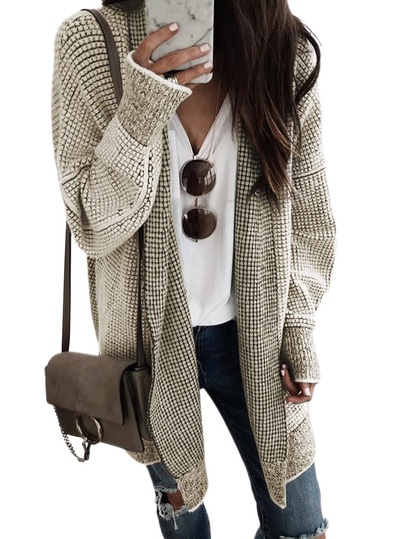 Sidefeel Sweaters for Women Long Sleeve Open Front Chunky Knit Fall Outfits Trendy Checkered Oversized Cardigan Sweaters Winter Coats Apricot Large - Image 1