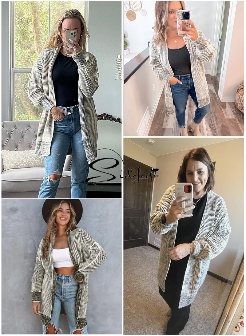 Sidefeel Sweaters for Women Long Sleeve Open Front Chunky Knit Fall Outfits Trendy Checkered Oversized Cardigan Sweaters Winter Coats Apricot Large - Image 4