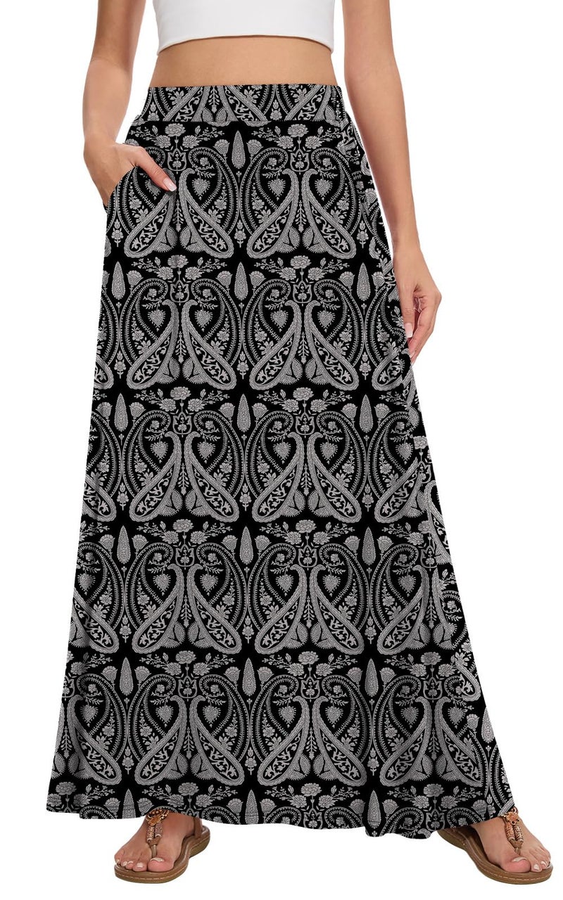 Leafsay Womens Maxi A-line Long Summer Skirt Elastic High Waist Flowy Skirt with Pockets(Dark Zigzag,L) - Image 1