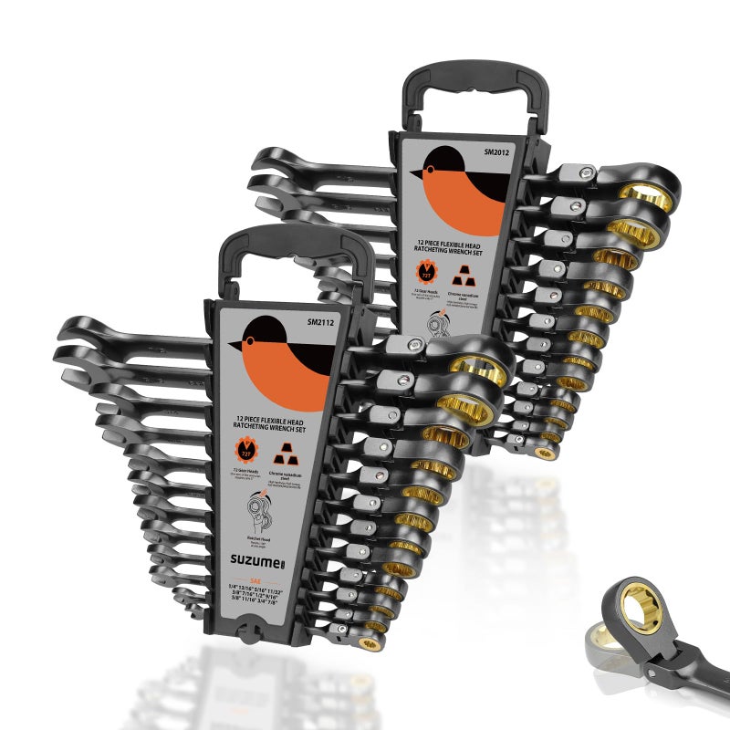 SUZUME 24Piece Metric and SAE Flex Head Ratcheting Wrench Set 72 Teeth CrV Steel Ratcheting Wrench Set with 180 Flex Head Ratchet Wrenches Set For AutoMachine Repair