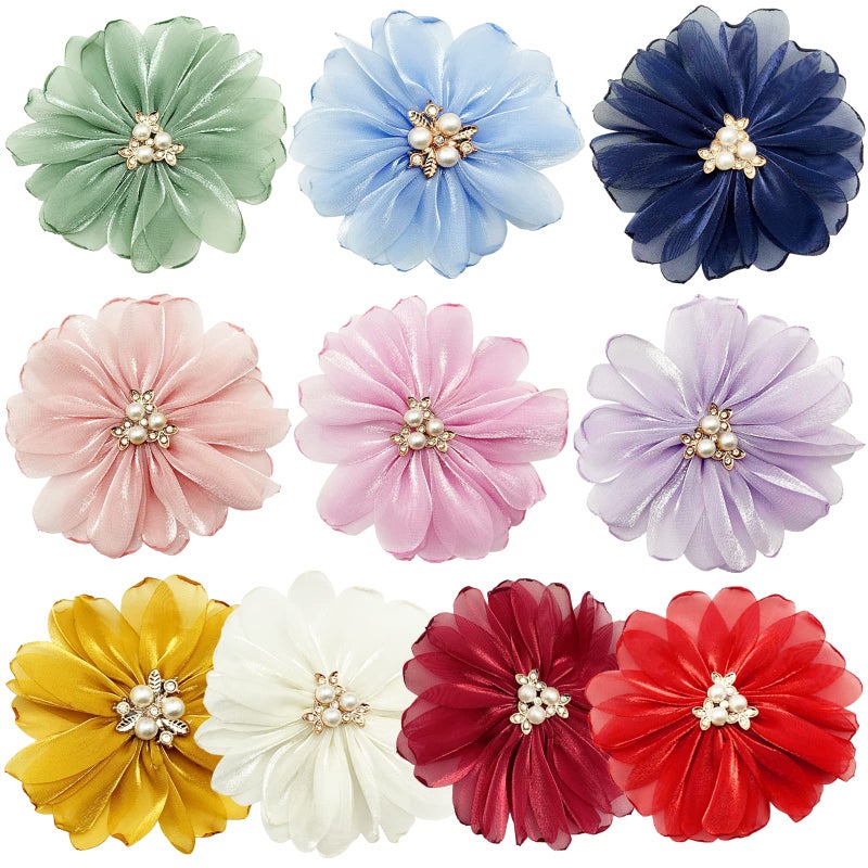 BETITETO 10pcs Glossy Chiffon Fabric Flowers Appliques 35 Flat Back Shiny for Party Wedding Decor Tassel Topper Decoration Gift Wrapping Clothing Hair Accessories DIY Craft