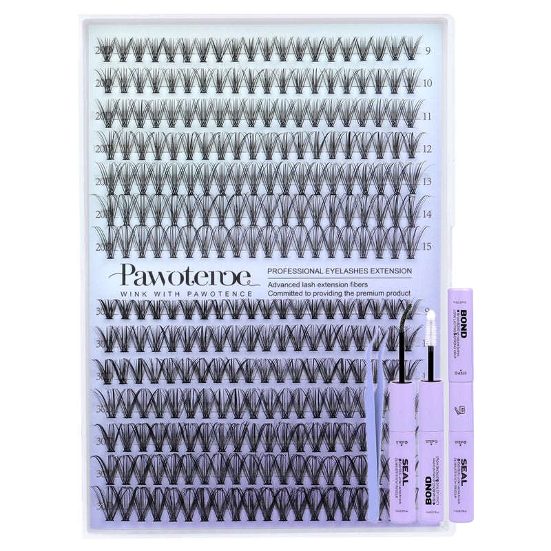 Pawotence Lash Extension Kit DIY 280pcs Individual Lash Clusters Kit 20D&30D Natural 9-15mm Cluster Eyelash Extensions Kit with Lash Bond and Seal, Tweezers for Self Use (20D&30D, 0.07D, 9-15mm, Kit) - Image 1