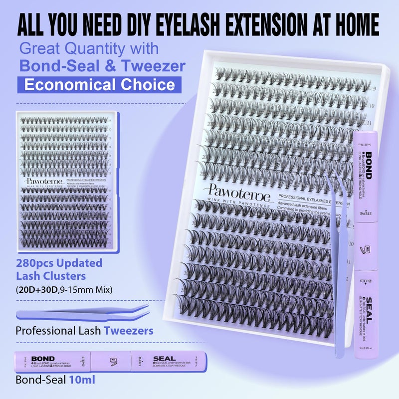 Pawotence Lash Extension Kit DIY 280pcs Individual Lash Clusters Kit 20D&30D Natural 9-15mm Cluster Eyelash Extensions Kit with Lash Bond and Seal, Tweezers for Self Use (20D&30D, 0.07D, 9-15mm, Kit) - Image 2