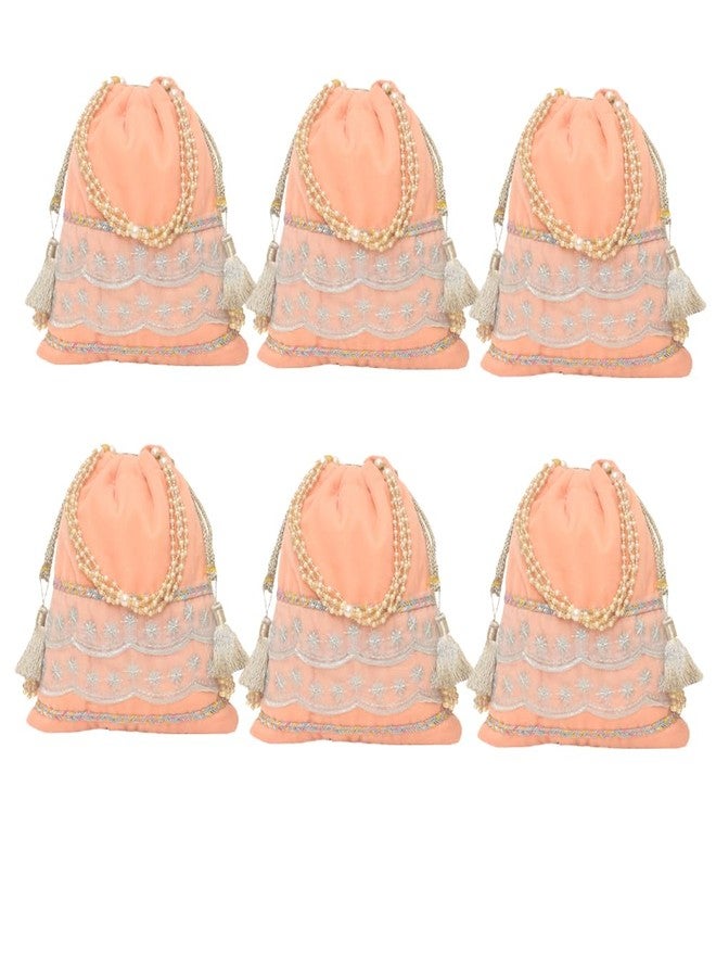 Dulhan Velvet Potli Bag with Pearl Handle | Sequin Tissue Lace Zari Tassels and Resham Dori | Peach Soft Padded Wedding Shagun Pouch for Return Gifts, Wedding, Winter and Festive Use (pack of 6) - Image 1