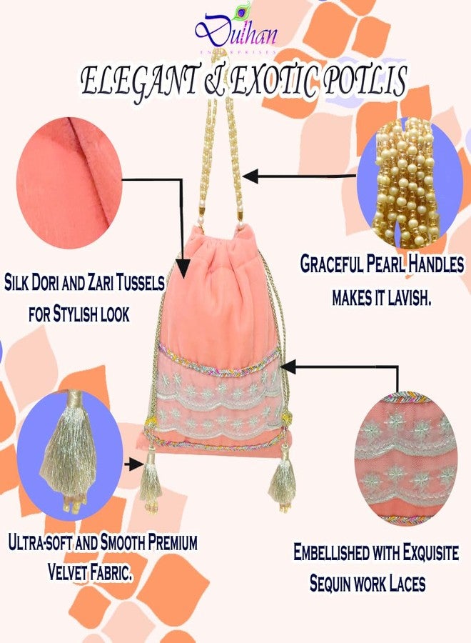 Dulhan Velvet Potli Bag with Pearl Handle | Sequin Tissue Lace Zari Tassels and Resham Dori | Peach Soft Padded Wedding Shagun Pouch for Return Gifts, Wedding, Winter and Festive Use (pack of 6) - Image 4