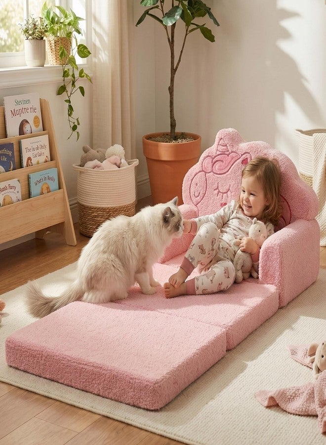 TinyPalsa Kids Couch, Convertible Sofa to Lounger Fold Out, Pink Magical Pony Design Chair for Toddlers 1-3, Gift for Birthday, Movie Night - Image 1