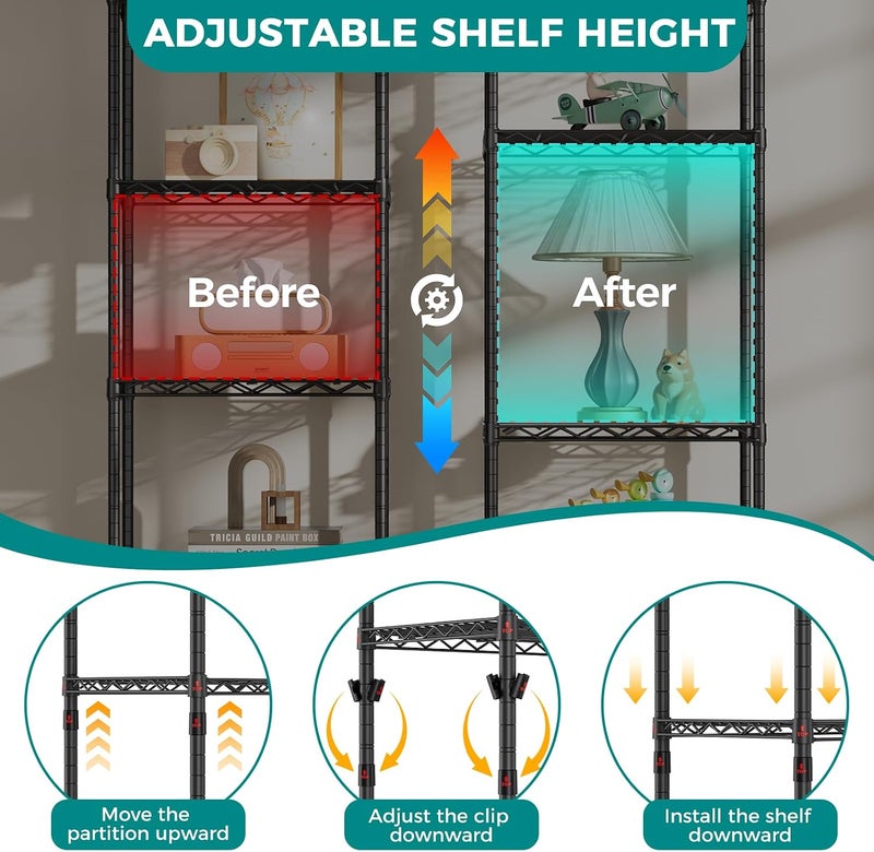 SINGAYE 5 Shelves Storage Shelf Wire Closet Bathroom Organizers Metal Pantry Kitchen Small Garage Shelving Unit Laundry Room Organization Home Narrow Rack Net Basket with Wheels Black - Image 4
