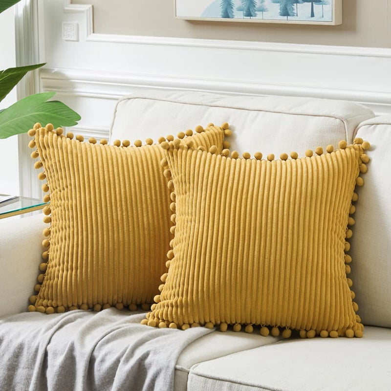 Fancy Homi Pack of 2 Mustard Yellow Fall Decorative Throw Pillow Covers 20x20 Inch with Pompoms for Living Room Couch Bedroom Soft Corduroy Solid Square Cushion Case 50x50 cm Boho Home Decor