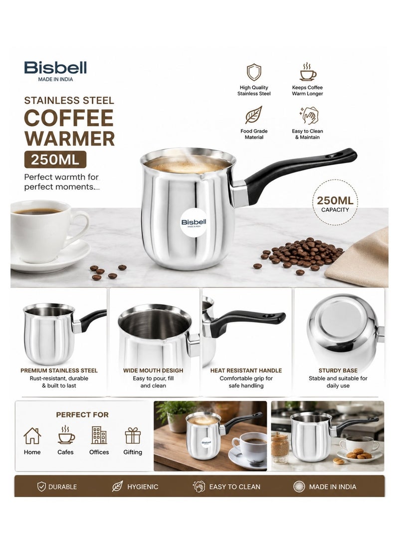 Bisbell 250ml Stainless Steel Coffee Warmer with Wide Mouth, Easy-Pour Spout and Heat-Resistant Handle for Coffee, Milk, Hot Chocolate & Small Servings - Image 3