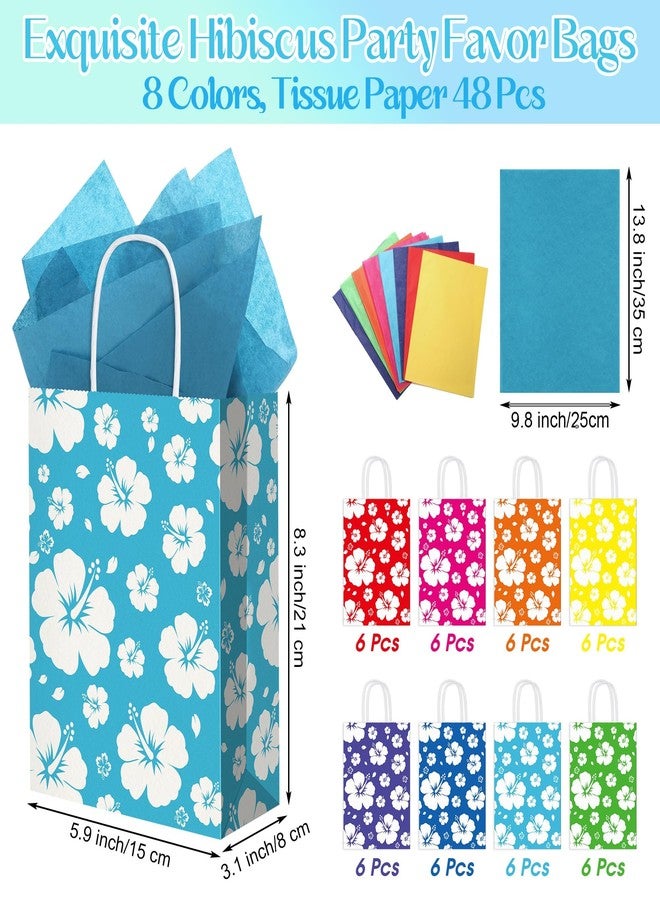 MIMIND 48 Pack Hibiscus Party Favor Bags Hawaiian Themed Paper Bag with Handles Tissue Paper Summer Tropical Gift Bags Tiki Luau Treat Goodie Bag for Hawaii Party Summer Birthday Supplies, Multicolor - Image 2