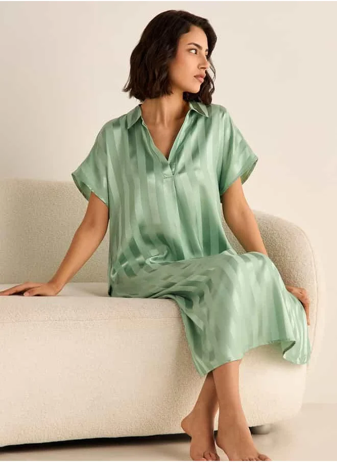 FAV Striped Jacquard Night Dress with Collar and Short Sleeves