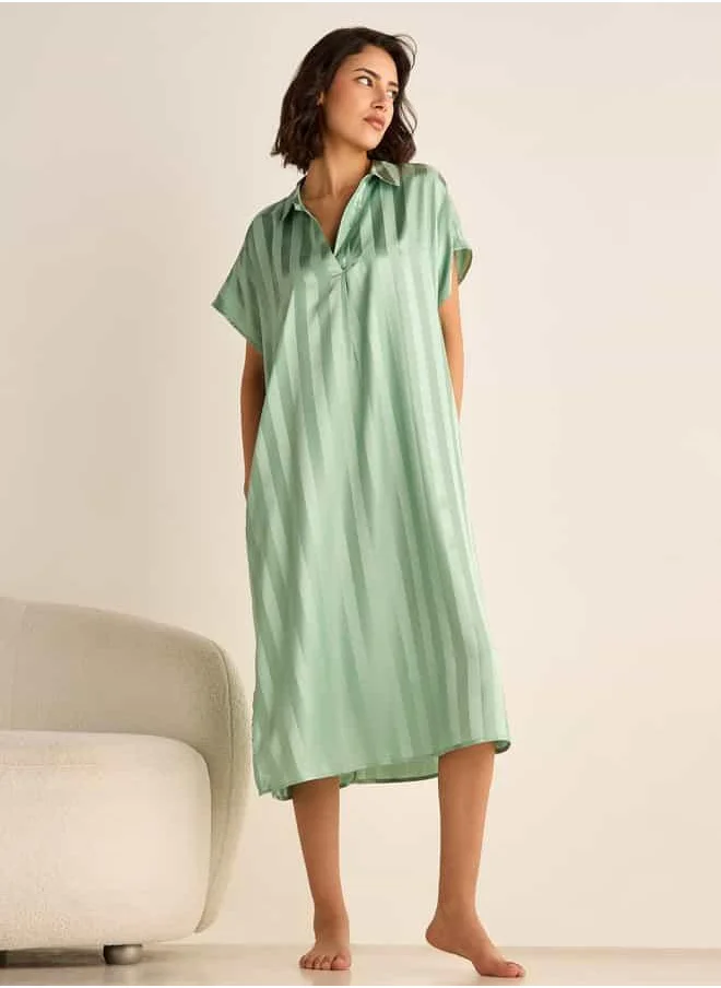 FAV Striped Jacquard Night Dress with Collar and Short Sleeves
