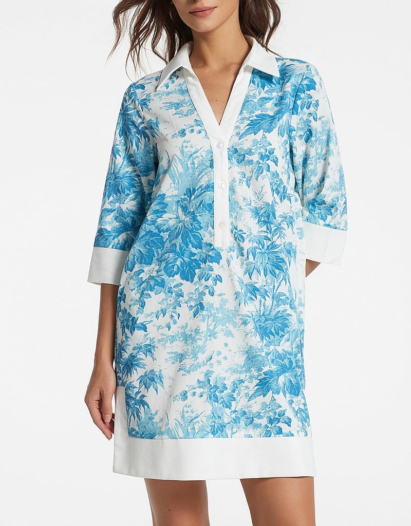 Kedera Women Button Shirt Dress V Neck Short Sleeves Summer Linen Shift Tunic Dress with Pockets Blue - Image 3