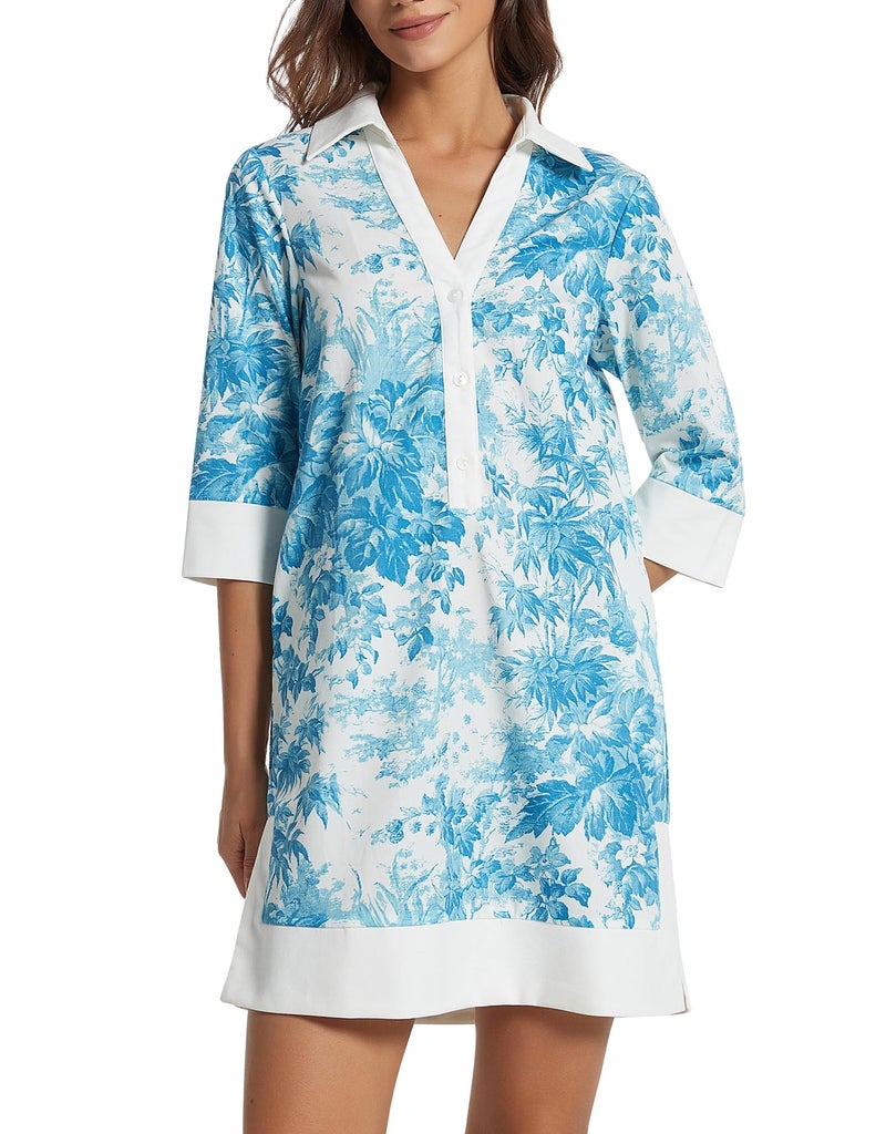 Kedera Women Button Shirt Dress V Neck Short Sleeves Summer Linen Shift Tunic Dress with Pockets Blue - Image 1