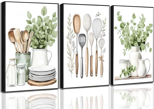 JJX 3 Pcs Sage Green Farmhouse Kitchen Canvas Wall Art Minimalist Dining Room Eucalyptus leaves plant Painting Pictures Wall Decor Poster Print Artwork For Dining Room kitchen Home Decoration Unframed - Image 1