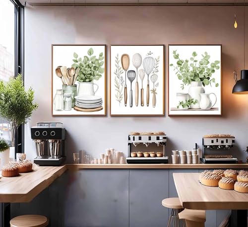 JJX 3 Pcs Sage Green Farmhouse Kitchen Canvas Wall Art Minimalist Dining Room Eucalyptus leaves plant Painting Pictures Wall Decor Poster Print Artwork For Dining Room kitchen Home Decoration Unframed - Image 3