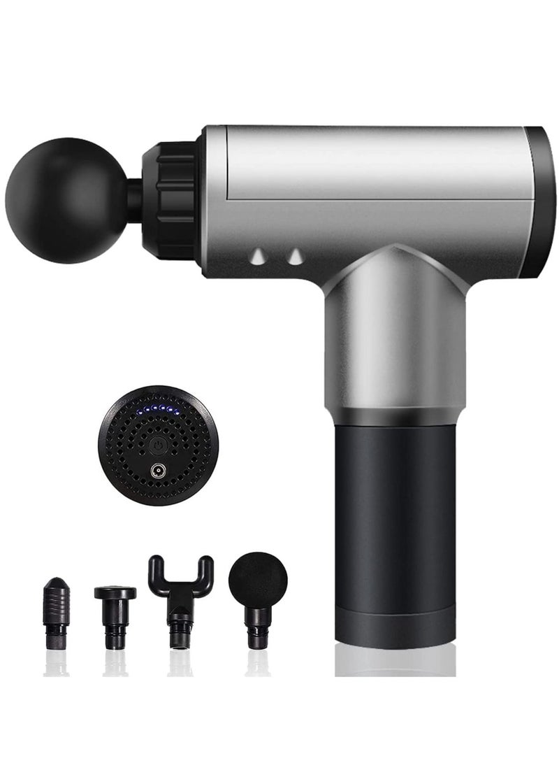 مسدس تدليك، جهاز تدليك عضلي قرعي، مسدس تدليك الأنسجة العميقة لتخفيف الألم مع 4 رؤوس تدليك، 6 سرعات، اهتزاز عالي الكثافة، فائق الهدوء، لاسلكي محمول باليد (فضي) - Image 1