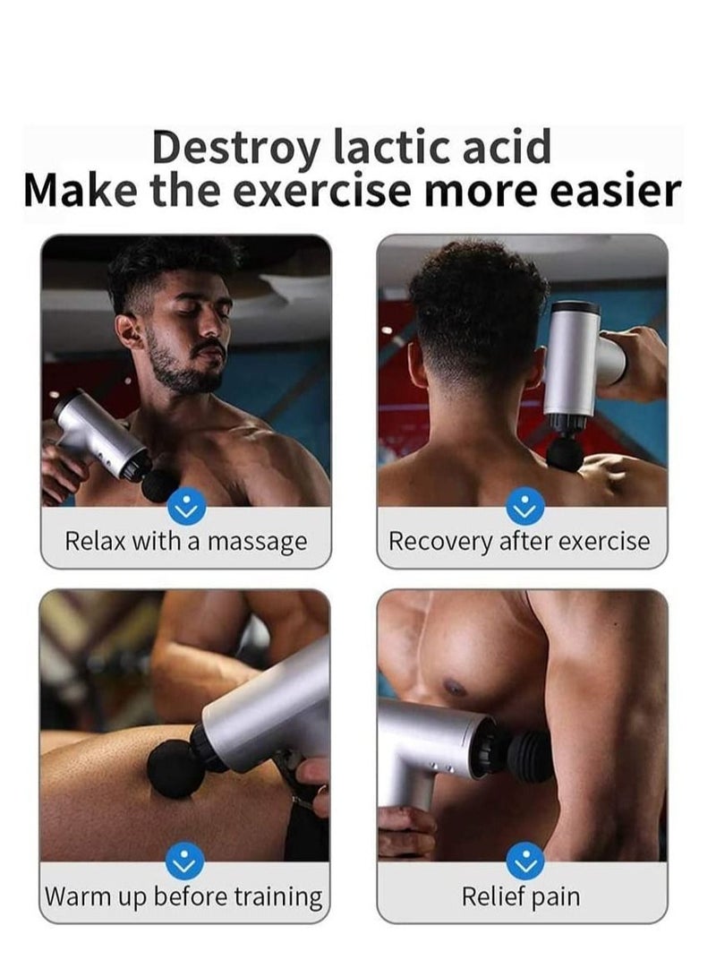مسدس تدليك، جهاز تدليك عضلي قرعي، مسدس تدليك الأنسجة العميقة لتخفيف الألم مع 4 رؤوس تدليك، 6 سرعات، اهتزاز عالي الكثافة، فائق الهدوء، لاسلكي محمول باليد (فضي) - Image 3