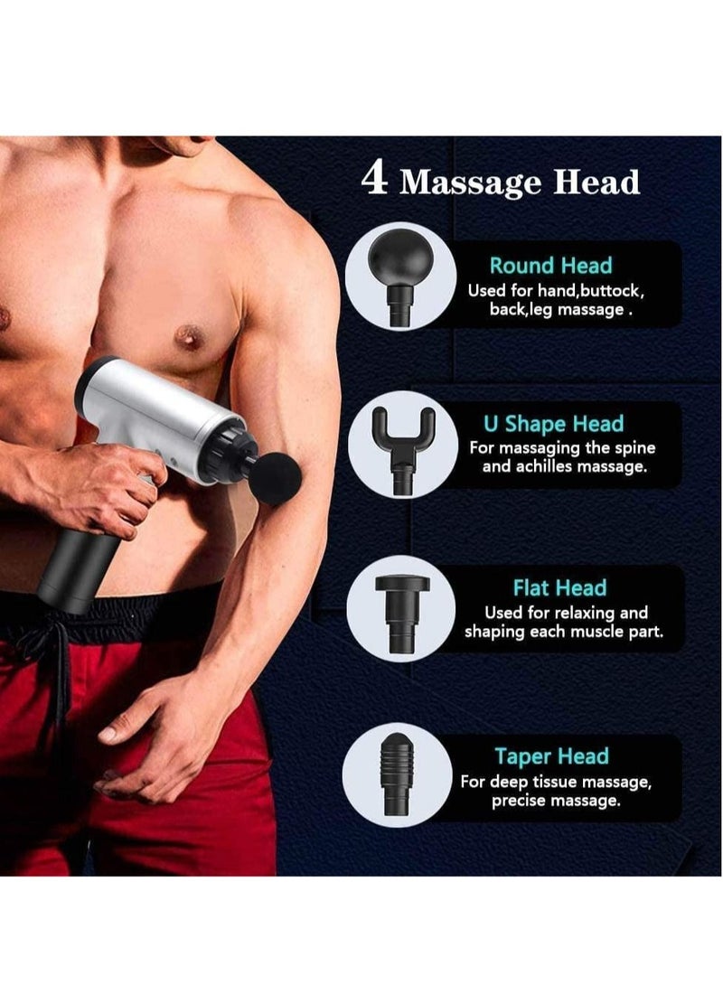 مسدس تدليك، جهاز تدليك عضلي قرعي، مسدس تدليك الأنسجة العميقة لتخفيف الألم مع 4 رؤوس تدليك، 6 سرعات، اهتزاز عالي الكثافة، فائق الهدوء، لاسلكي محمول باليد (فضي) - Image 2
