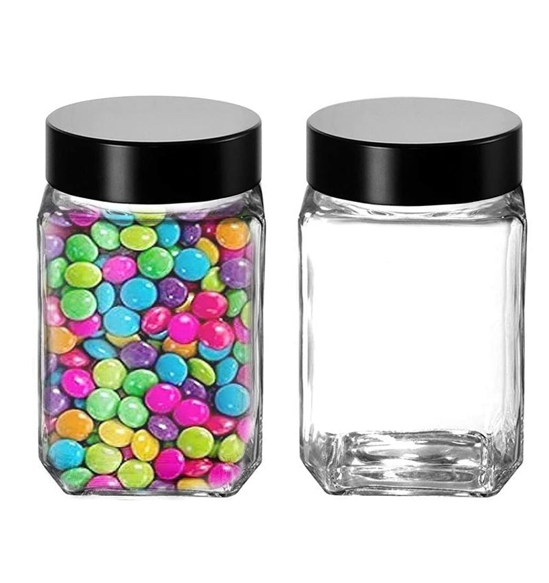 Vency Piramal Glass Cubical Square 300ml Transparent Glass Jars & Containers for Kitchen Pantry -Storage with Black Plastic Lid (300ml, Set Of 9) - Image 2