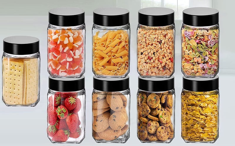 Vency Piramal Glass Cubical Square 300ml Transparent Glass Jars & Containers for Kitchen Pantry -Storage with Black Plastic Lid (300ml, Set Of 9) - Image 5