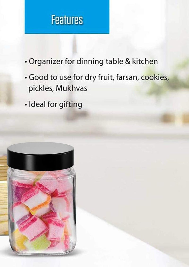 Vency Piramal Glass Cubical Square 300ml Transparent Glass Jars & Containers for Kitchen Pantry -Storage with Black Plastic Lid (300ml, Set Of 9) - Image 3