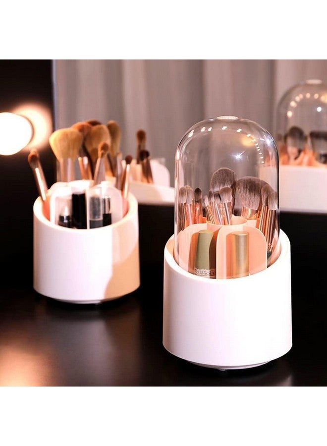 BSITFOW Makeup Brush Holder with Dustproof Cover 360 Rotating Makeup Brush Organizer for Vanity Bathroom, Round Make up Brush Stand with Lid for Cosmestics,White - Image 1