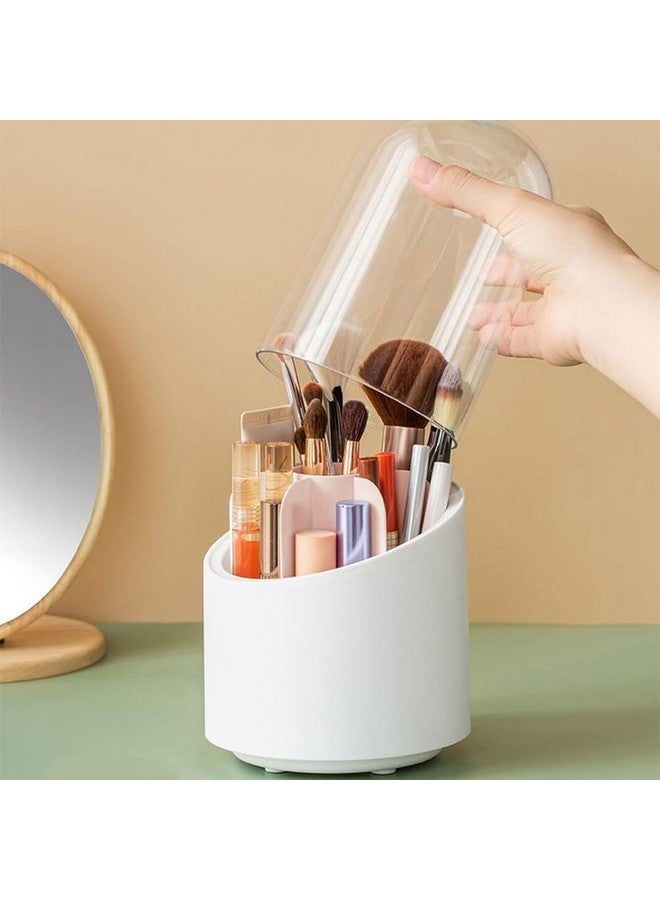 BSITFOW Makeup Brush Holder with Dustproof Cover 360 Rotating Makeup Brush Organizer for Vanity Bathroom, Round Make up Brush Stand with Lid for Cosmestics,White - Image 4