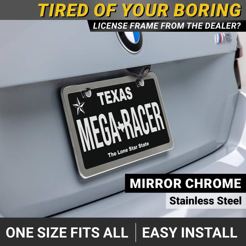 Mega Racer Polished Mirror Chrome Silver Thin License Plate Frames â€“ 2 Pack, Car Wash Proof Stainless Steel, Rust-Free, Rattle-Free, Street Legal, Slim 2 Hole with Screw Caps, Metal Front & Rear Car Tag Holders - Image 2