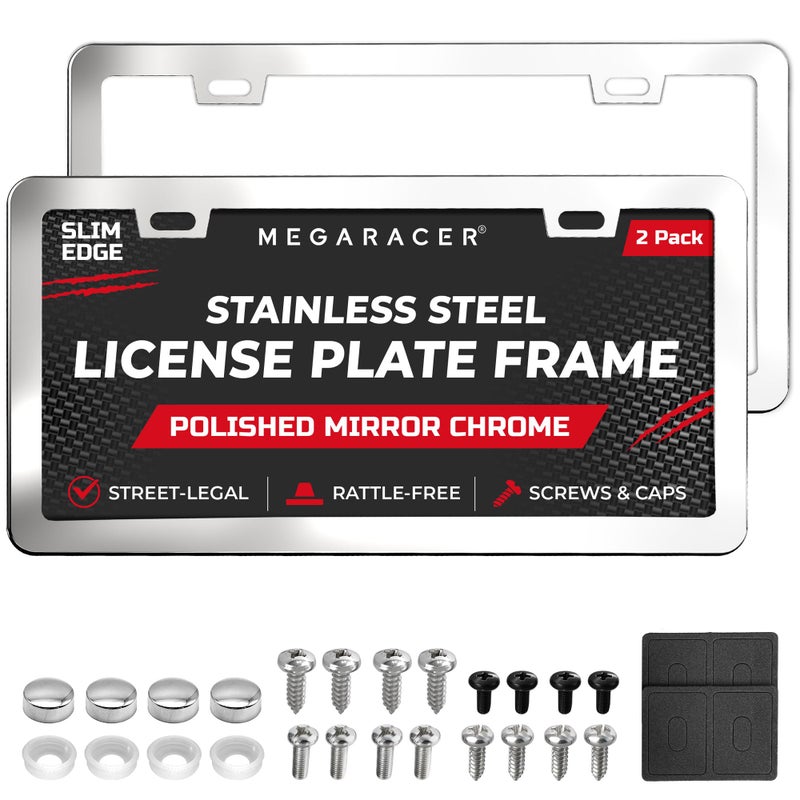 Mega Racer Polished Mirror Chrome Silver Thin License Plate Frames â€“ 2 Pack, Car Wash Proof Stainless Steel, Rust-Free, Rattle-Free, Street Legal, Slim 2 Hole with Screw Caps, Metal Front & Rear Car Tag Holders - Image 1