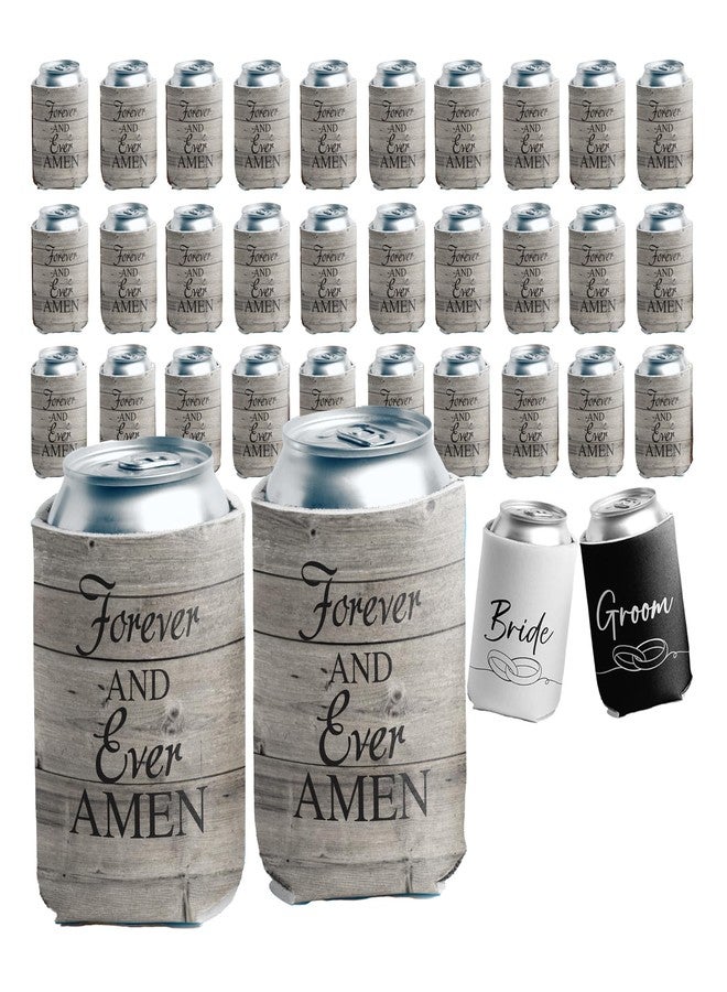 VictoryStore 52-Pack Wedding Can Coolers -Forever and Ever Amen - Rustic Wood Grain Wedding Favors - Includes Bride & Groom Sleeves - 12 oz Can Sleeves - Image 1