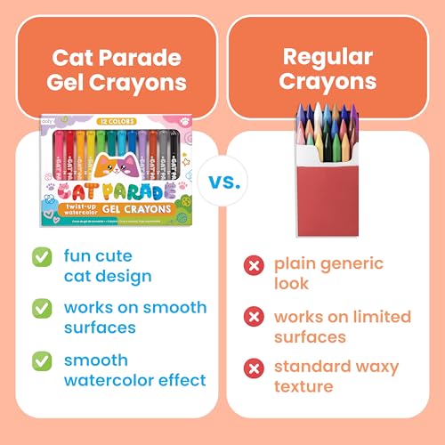 Ooly Cat Parade Gel Crayons for Kids and Adults - Set of 12 Rainbow Color Crayons for Glass and Paper Surfaces with Cat-Shaped, Twist-Up Caps - Smooth Gliding Gel Crayon Set - Image 3