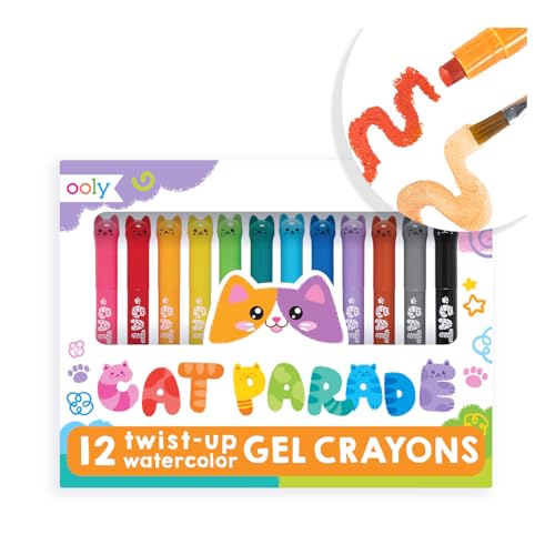 Ooly Cat Parade Gel Crayons for Kids and Adults - Set of 12 Rainbow Color Crayons for Glass and Paper Surfaces with Cat-Shaped, Twist-Up Caps - Smooth Gliding Gel Crayon Set - Image 1