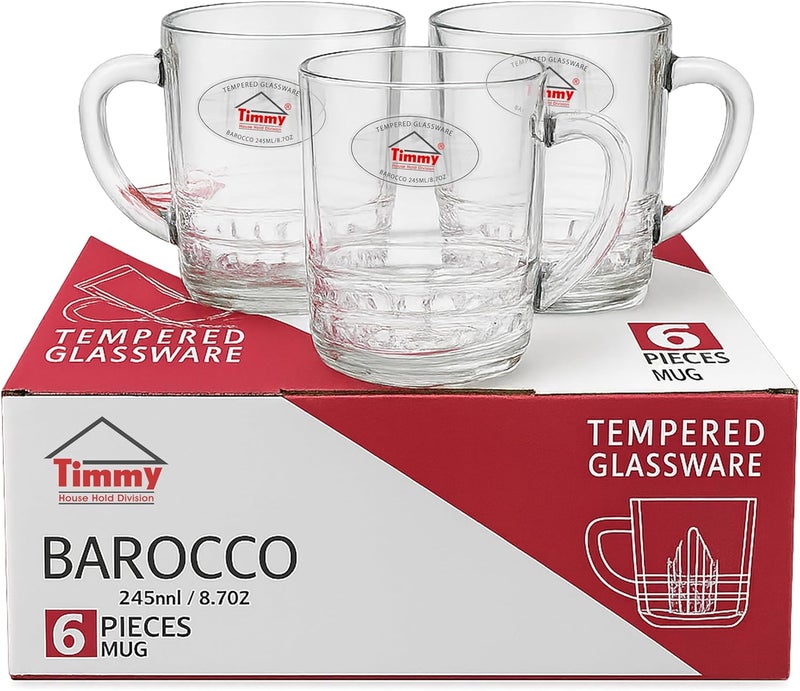 Timmy Barocco Glass Mug Set - 6 Pieces, 245ml Capacity, Tempered Glassware - Image 1