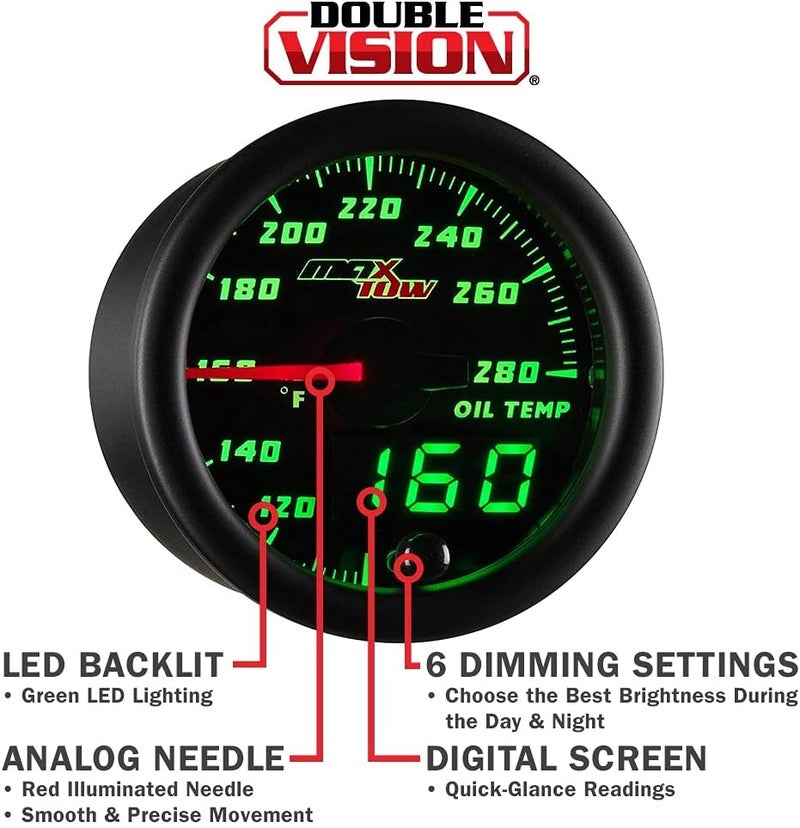 MaxTow Double Vision 280°F Oil Temperature Gauge Kit - Electronic Sensor - Black Face - Green LED - 2-1/16" (52mm) - Image 4