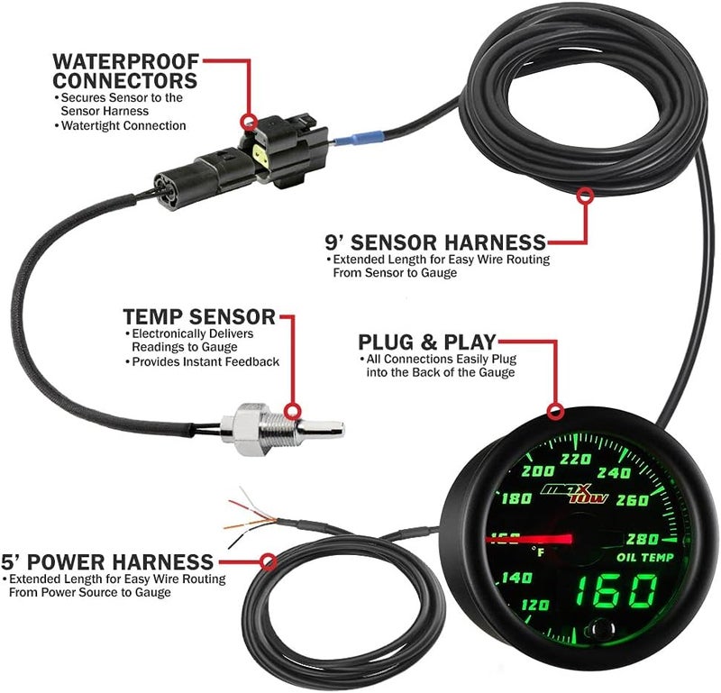 MaxTow Double Vision 280°F Oil Temperature Gauge Kit - Electronic Sensor - Black Face - Green LED - 2-1/16" (52mm) - Image 3