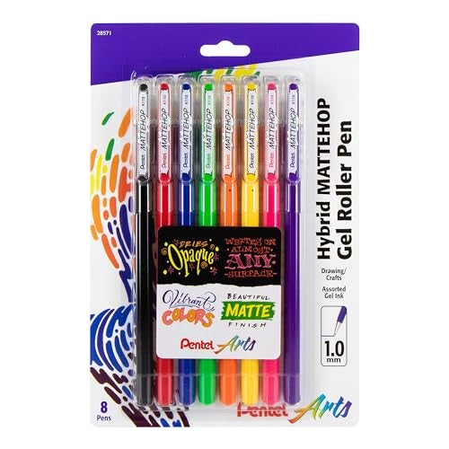 Pentel Arts Hybrid MATTEHOP Gel Roller 10mm Matte Assorted Colors Pack of 8 Pens K110VBP8M - Image 1