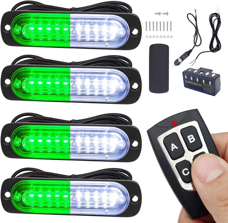 EASE2U E Led Warning Lights, 4pcs Emergency Warning Caution Hazard Construction Ultra Slim Sync Feature Car Truck with Main Control Box Surface Mount (12LED White Green) - Image 1
