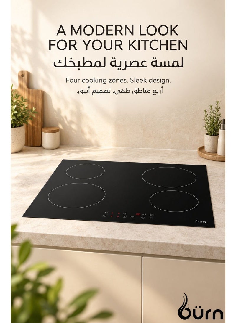 BURN 4-Zone Ceramic Hob – Touch Control, Frosted Anti-Fingerprint Glass, 6000W Total Power - Image 1
