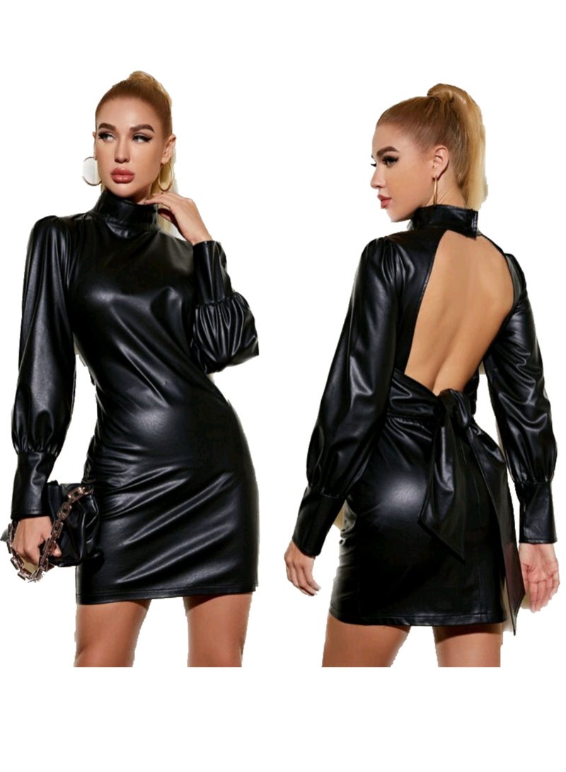 Women Party Backless Bow Leather High Neck Short Dress  - Image 2